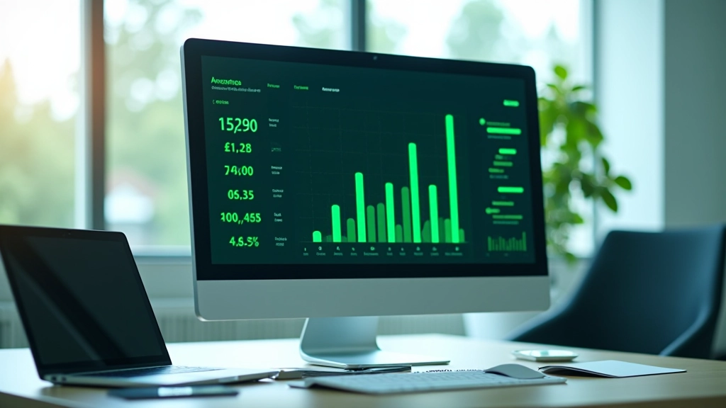 Grafik mit Balkendiagramm und grüner Statistik auf Computer-Monitor in modernem Büro