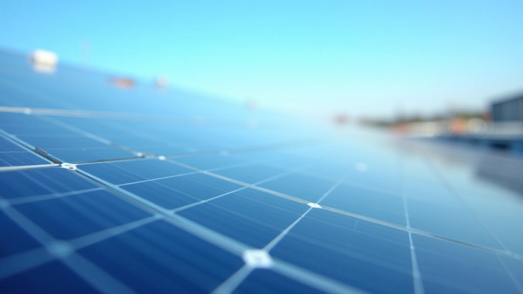 Nahaufnahme von Solarmodulen auf einem Fabrikdach mit blauem Himmel