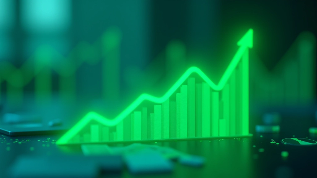 Zukunftsvisuelle Darstellung mit grünen Energiesymbolen und Aufwärtstrend-Grafiken auf digitaler Oberfläche