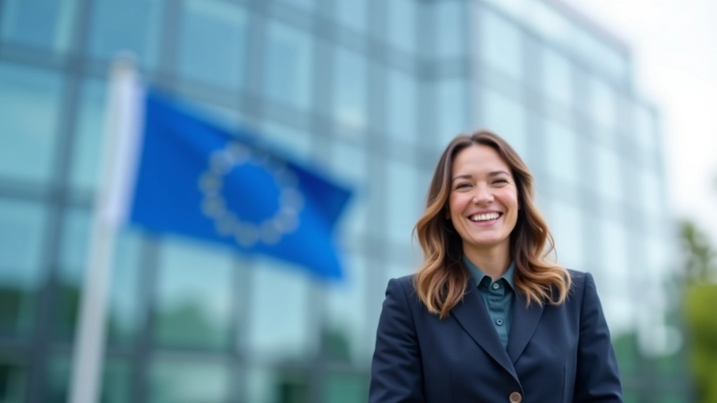 Europäische Flagge weht vor modernem Regierungsgebäude mit Glasfassade