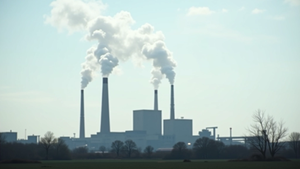 Moderne Industrieanlage mit Schornsteinen vor bewölktem Himmel, Rauchplume sichtbar