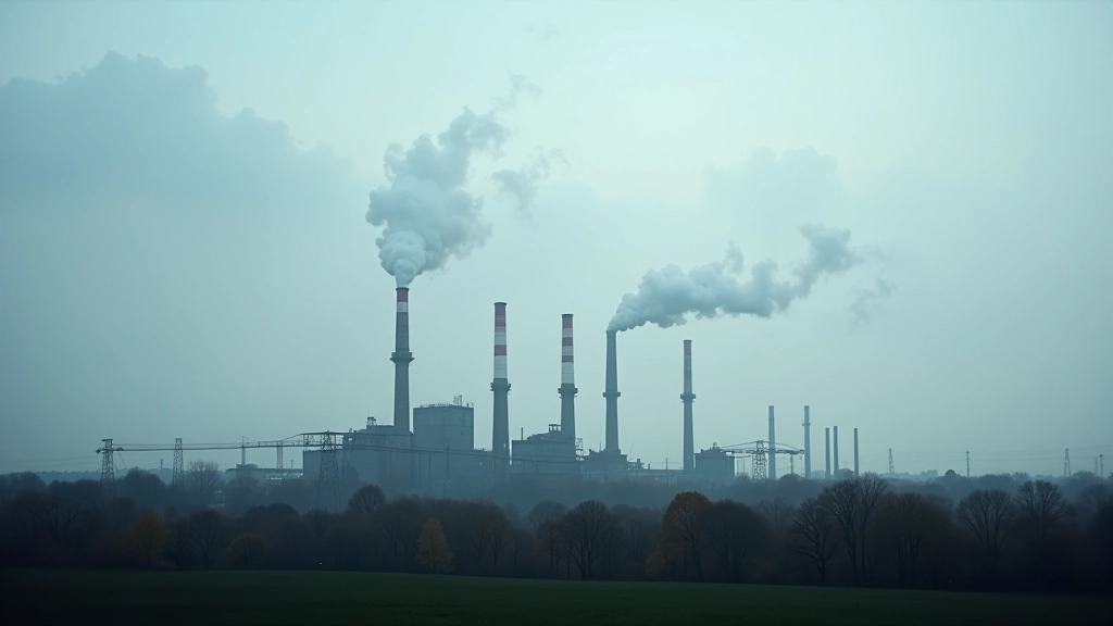 Fabrik mit Schornsteinen emittiert Rauch vor bewölktem Himmel — symbolisiert Industrie und Emissionen