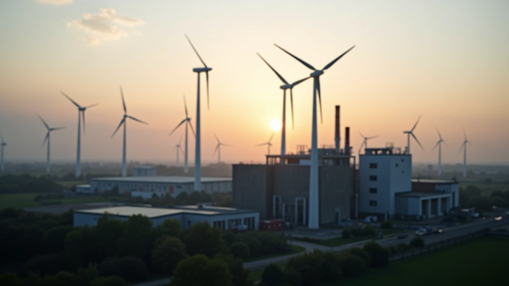 Fabrik mit Windkraftanlage im Hintergrund und modernen Produktionsanlagen bei Sonnenuntergang