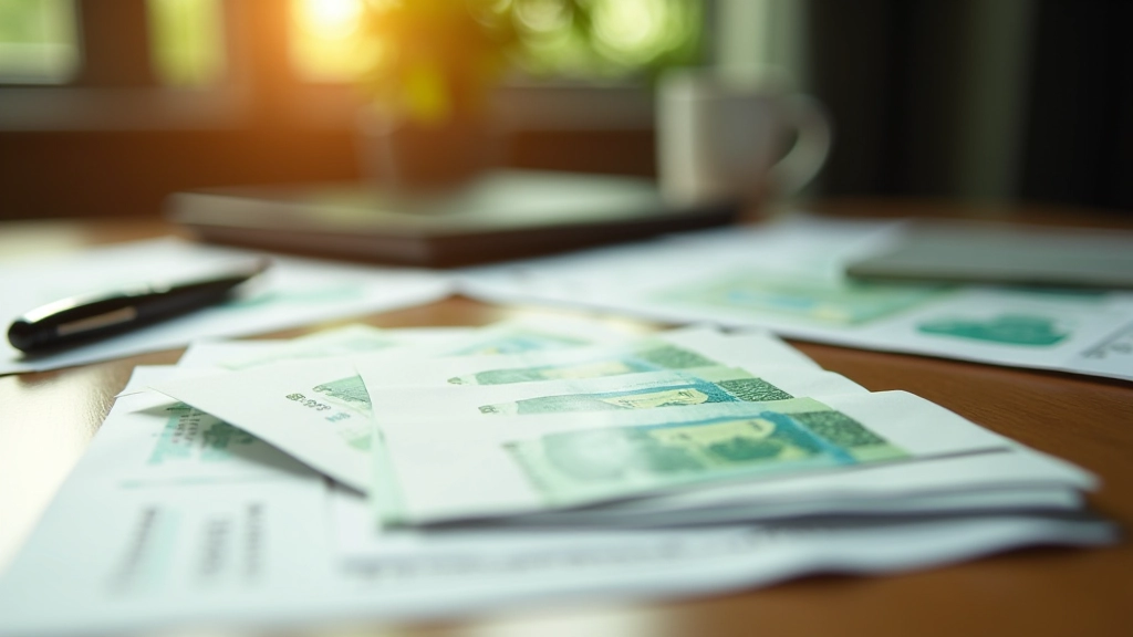 Stapel von grünen Obligationen-Zertifikaten und Finanzunterlagen mit Stift auf Schreibtisch