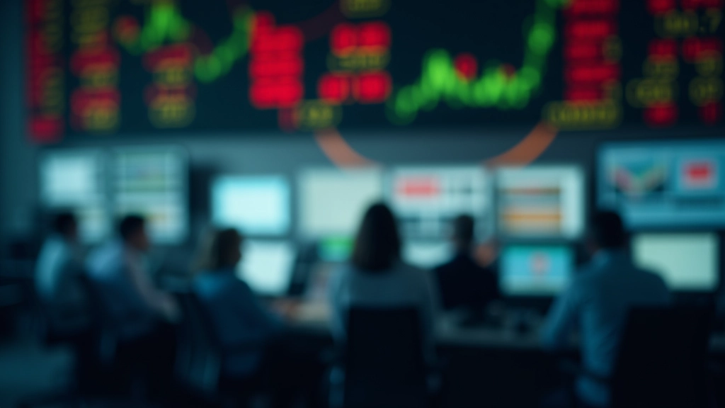 Ausverkaufte Börsen-Tafel mit grünen und roten Zahlen, Trader im Hintergrund konzentriert arbeitend